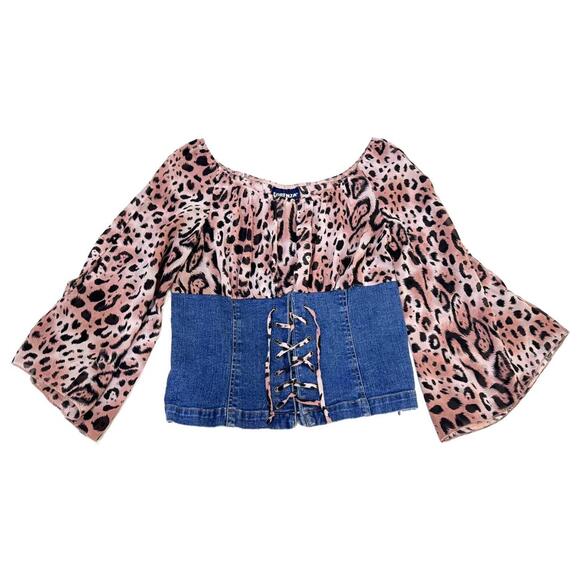 Vintage Forenza 80s/90s Pink Leopard Print Denim Corset Style Blouse Top-Size 10